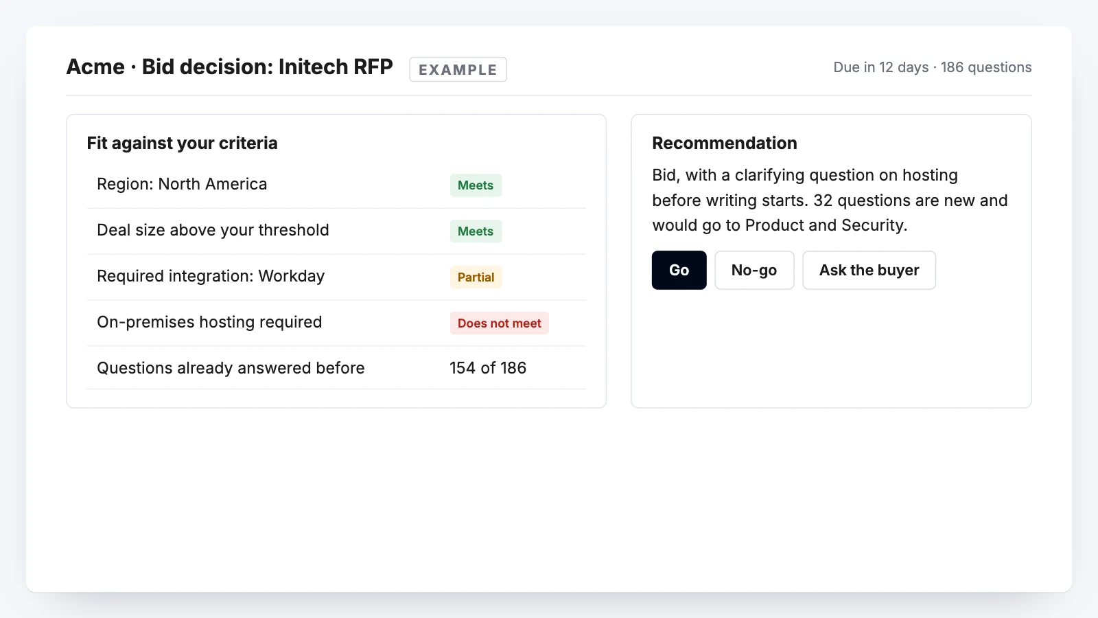 Example bid decision: the RFP scored against your criteria, with a go or no-go recommendation