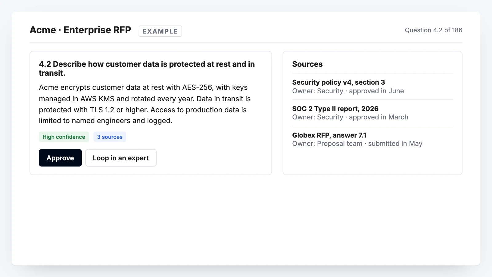 Example drafted RFP answer with its confidence and three cited sources